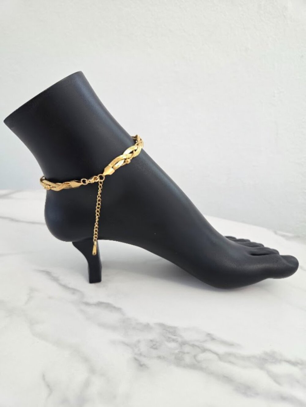 Vintage Gold Braided Herringbone Anklet Chevron Chain Anklet with Beads - Picture 6 of 12